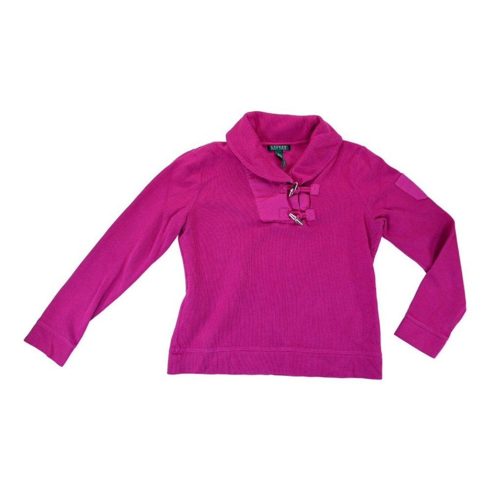 Lauren Ralph Lauren Magenta Cowl Neck Toggle Close Pullover Ribbed ~‎ Size L